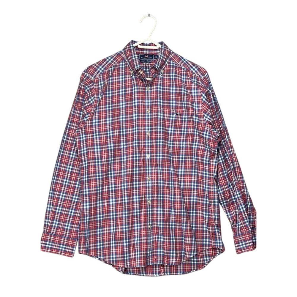 Vineyard Vines Slim Tucker Polo Shirt Plaid Sz Med Red Blue Preppy